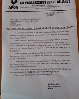 APGA Warns Members Against Anti Party Activities