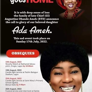 Family of Late Ada Ameh, Releases Funeral Arrangements