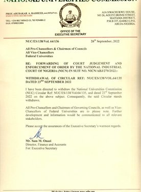 NUC Withdraws Circular that Ordered Universities to Re-open