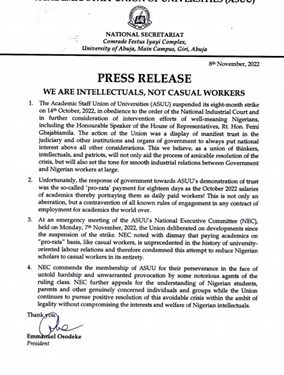 ASUU Seeks Cooperation to Resolve Crisis