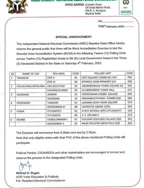 INEC to Conduct Mock Accreditation with BVAS in Bayelsa