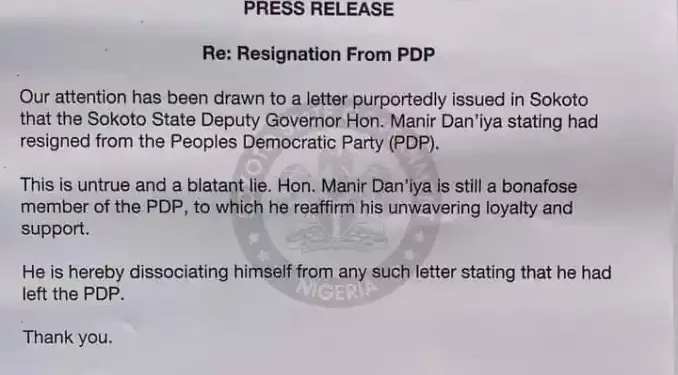 Sokoto Deputy Governor Resigns from PDP