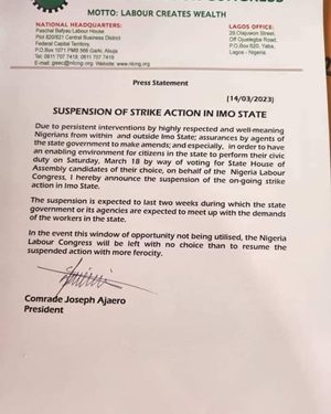 NLC Suspends Strike in Imo
