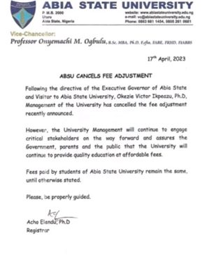 Ikpeazu Orders Cancellation of Fees Hike in ABSU